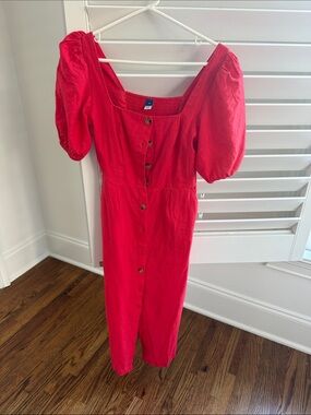 Puff-Sleeve Button-Front Midi Dress in Red
